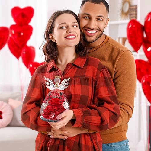 Miniatura 4 de Regalos para el día de San Valentín para ella, rosa preservada para mujer, flores frescas para siempre en decoración de vidrio, figuras de ángel,