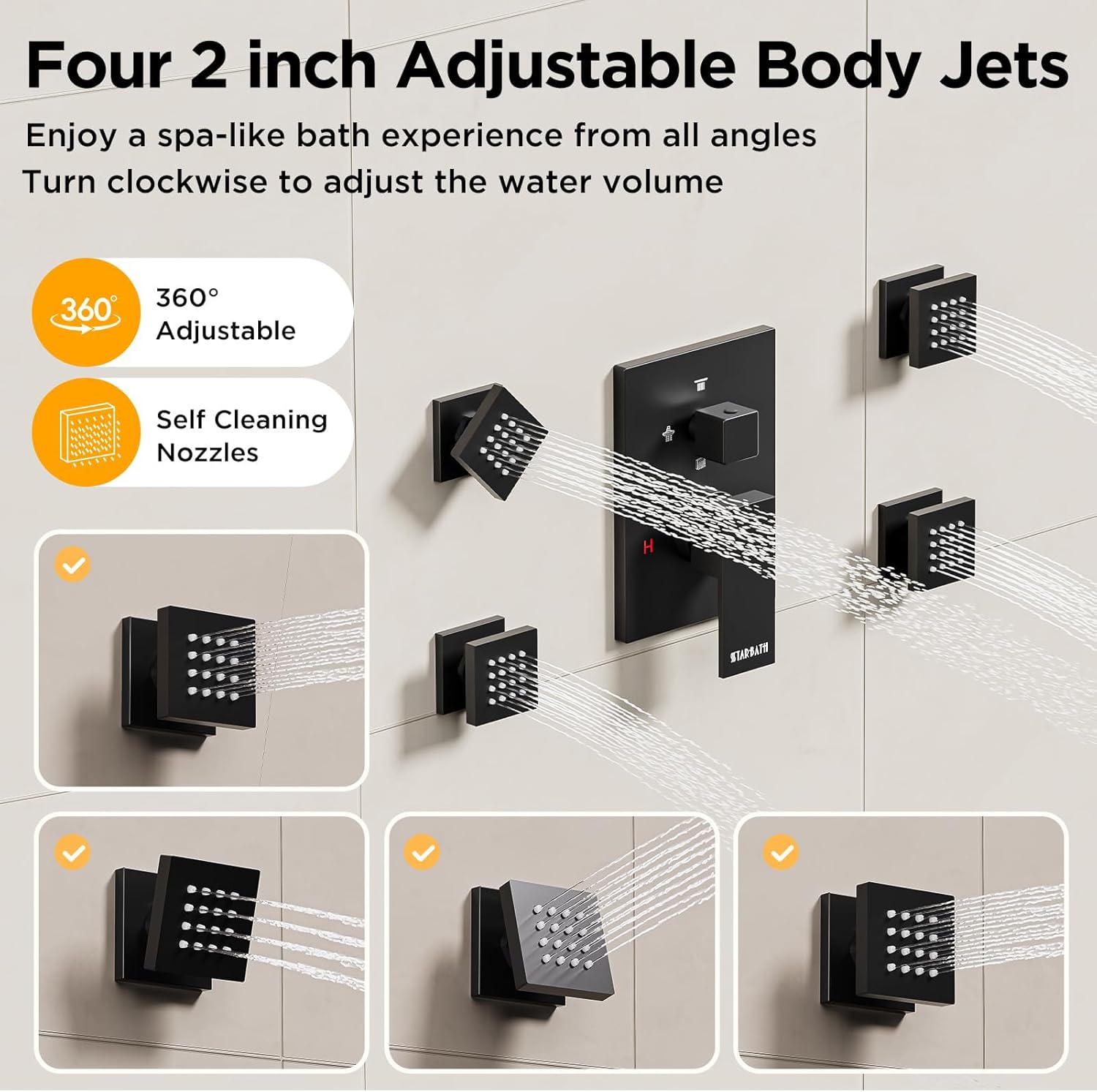 Shower System with Body Jets Matte Black, STARBATH 4 Way 12+6" Shower Faucet Sets Complete with 2 in 1 Handheld,Ceiling Mounted Rainfall Dual Shower Head with 4 Body Spray Jets, Shower Jets System