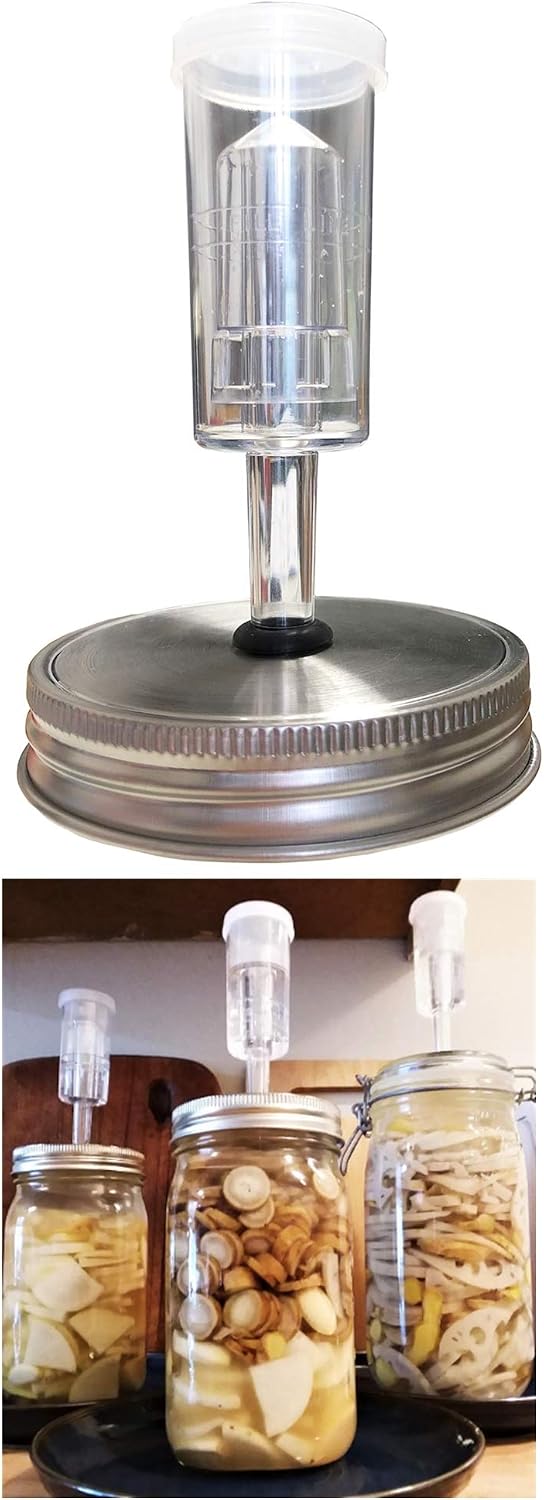 Fermentation Kit for Wide Mouth Jars - 4 Airlocks, 4 Stainless Steel Wide mouth Mason Jar Fermenting Lids with Silicone Rings, 4 Silicone Grommets, 4 Glass Jars