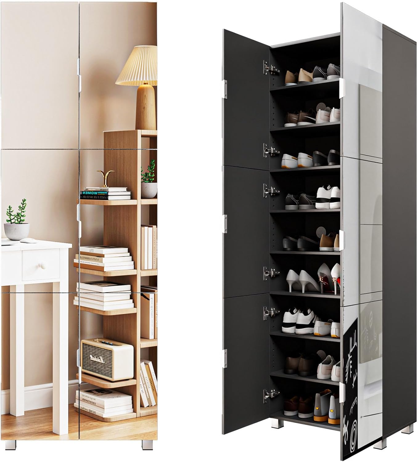Mirror Shoe Cabinet Entryway with Doors, Tall Enclosed Shoe Storage with Adjustable Shelves & Ventilation Holes, Wooden Closed Shoes Rack with Metal Handle for Hallway Apartment (Black 2)