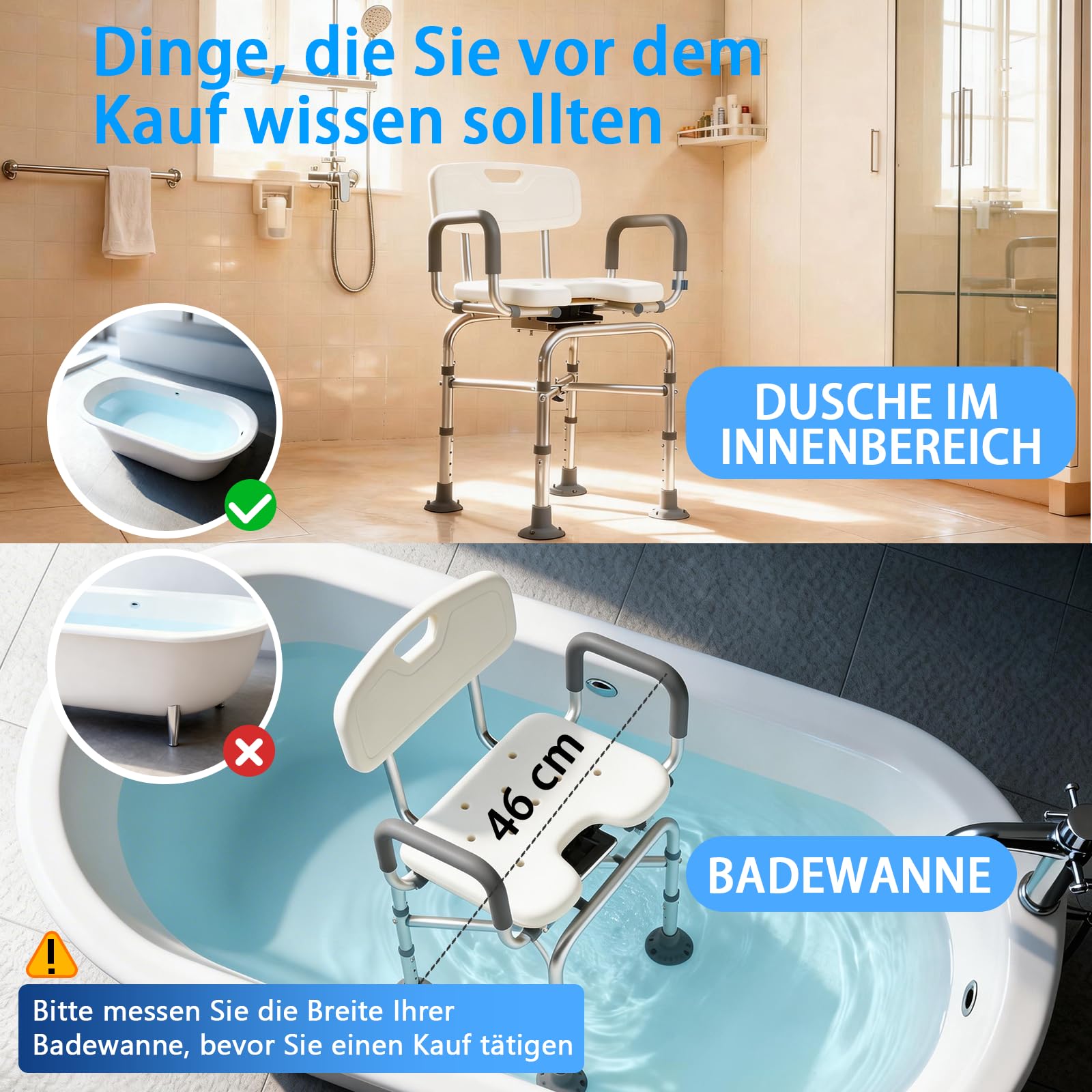 U 2-Stufig Extra Breit Duschstuhl für Senioren, 360° Drehbarer Duschsitz, Duschstuhl mit Armlehnen und Rückenlehne, Badhocker für Die Dusche, Duschhocker Höhenverstellbar, Duschhocker für Senioren