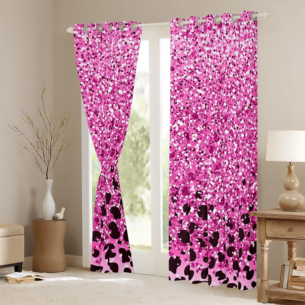 Amazon｜城の妖精 ピンク ヒョウ柄カーテン きらめくきらきらきらきら