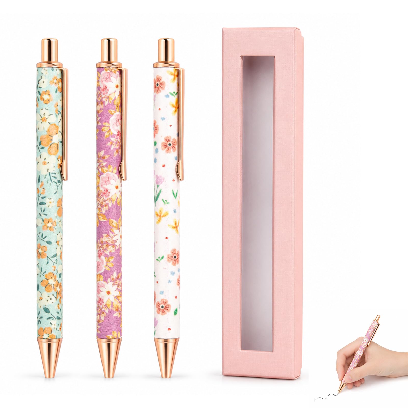3 Pcs Floral Pen Set with Gift Box, Stationery Gifts Pretty Pens Sets (B)