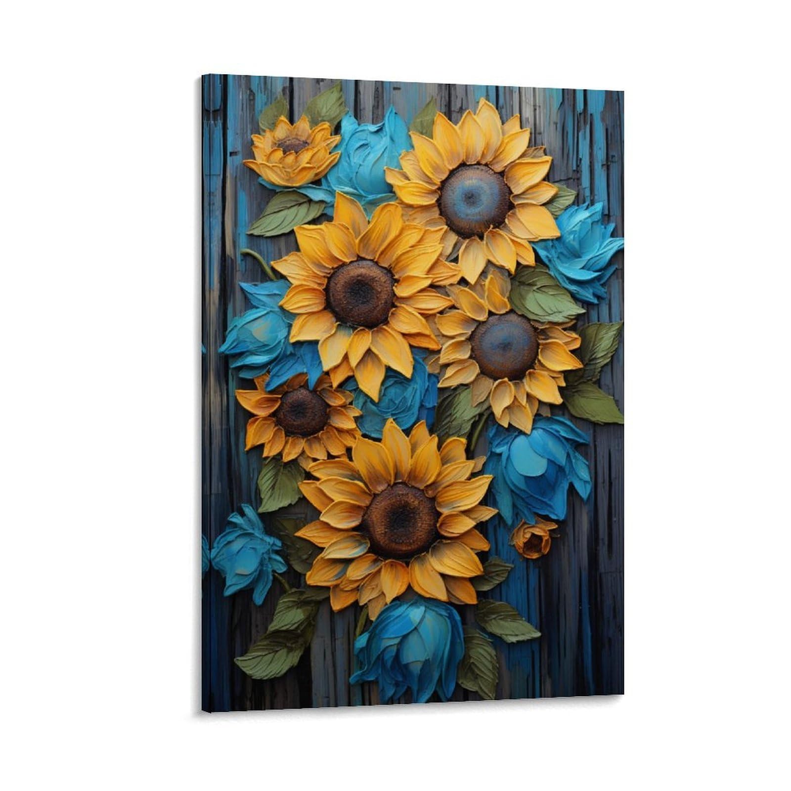 GMUKIFFY Rustic Sunflower Painting on Canvas Wall Art Watercolor Flower Yellow Blue Floral Stretched And Framed Canvas Prints Artwork for Home Decorations Ready to Hang Wall Decor 08x12inch(20x30cm)