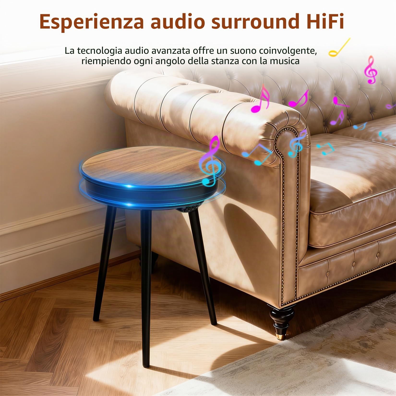 FATIVO Tavolino Basso con Bluetooth Speaker per Soggiorno: Comodino Piccolo camera da letto Rotondo Tavolino Caffè in Legno da Salotto con Porta USB, 40x40x57 cm