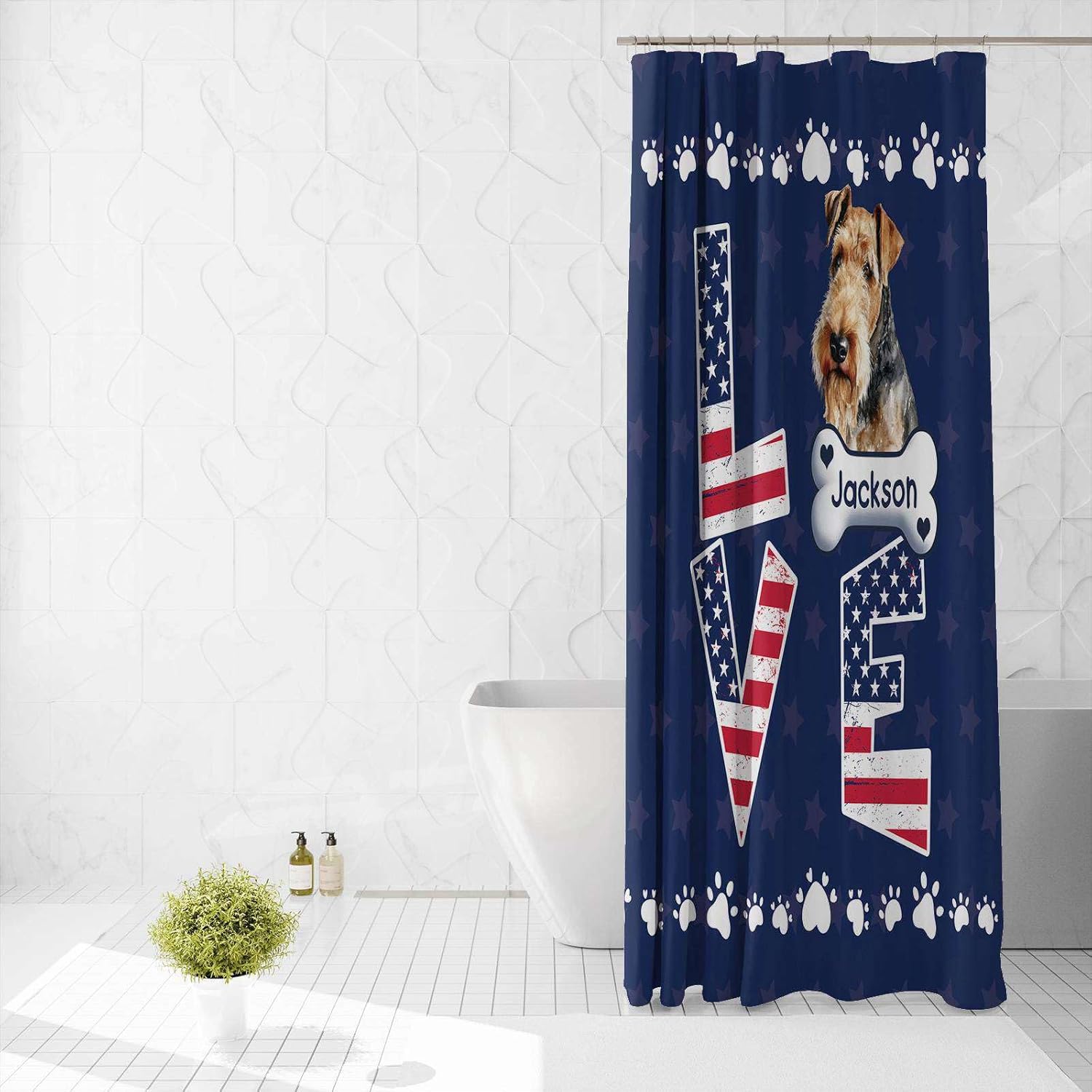 Custom Dog Shower Curtain American Flag Love with Blue Heeler Polyester Waterproof Bath Curtains with 12 Hooks for Bathroom 72 x 80 Inch