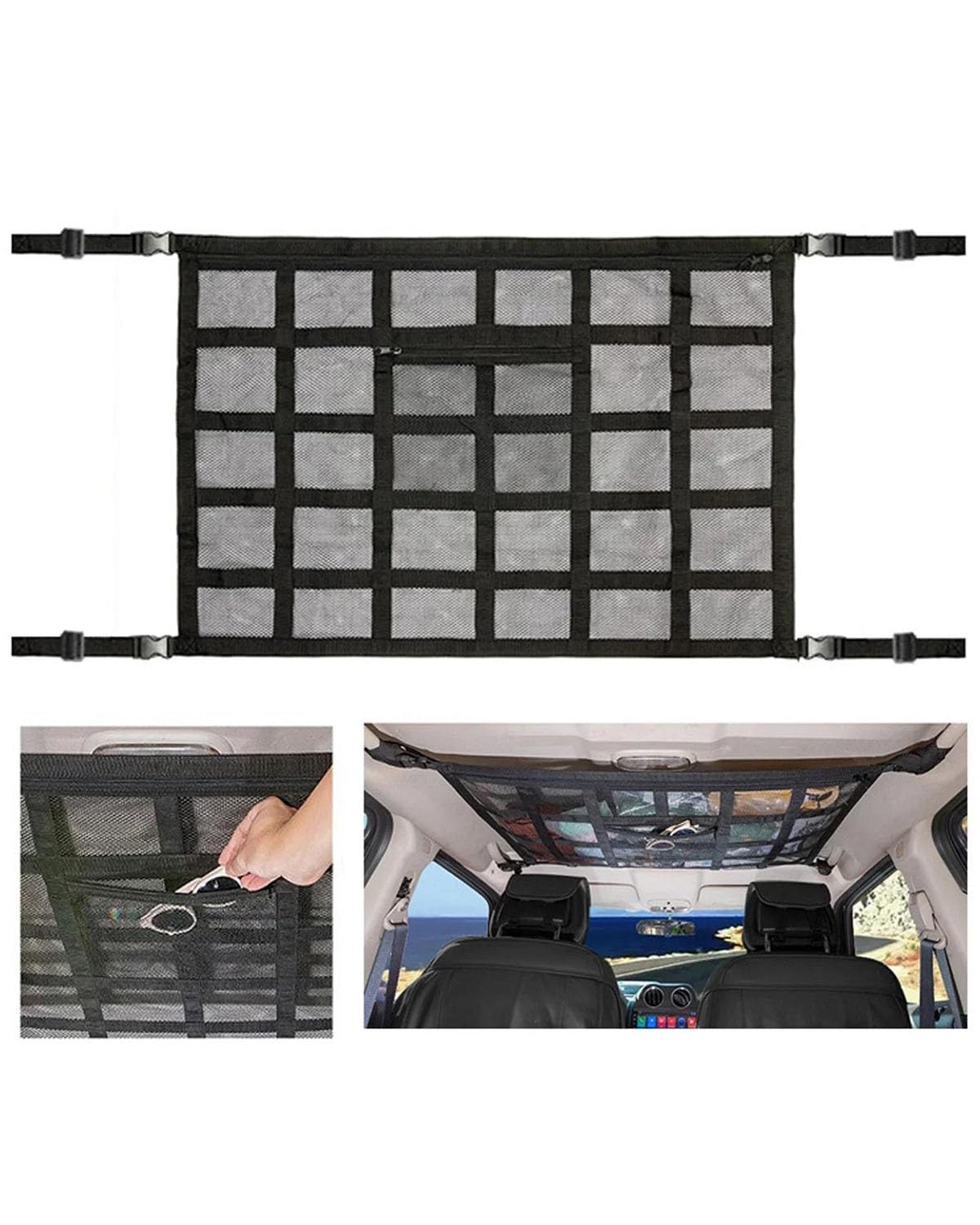 Rete portaoggetti per Auto, Rete portaoggetti per soffitto, Tasca con Cinghia Regolabile, rinforza Il carico, Rete portaoggetti per soffitto, Rete a Doppio Strato, Organizer in Rete Elastica