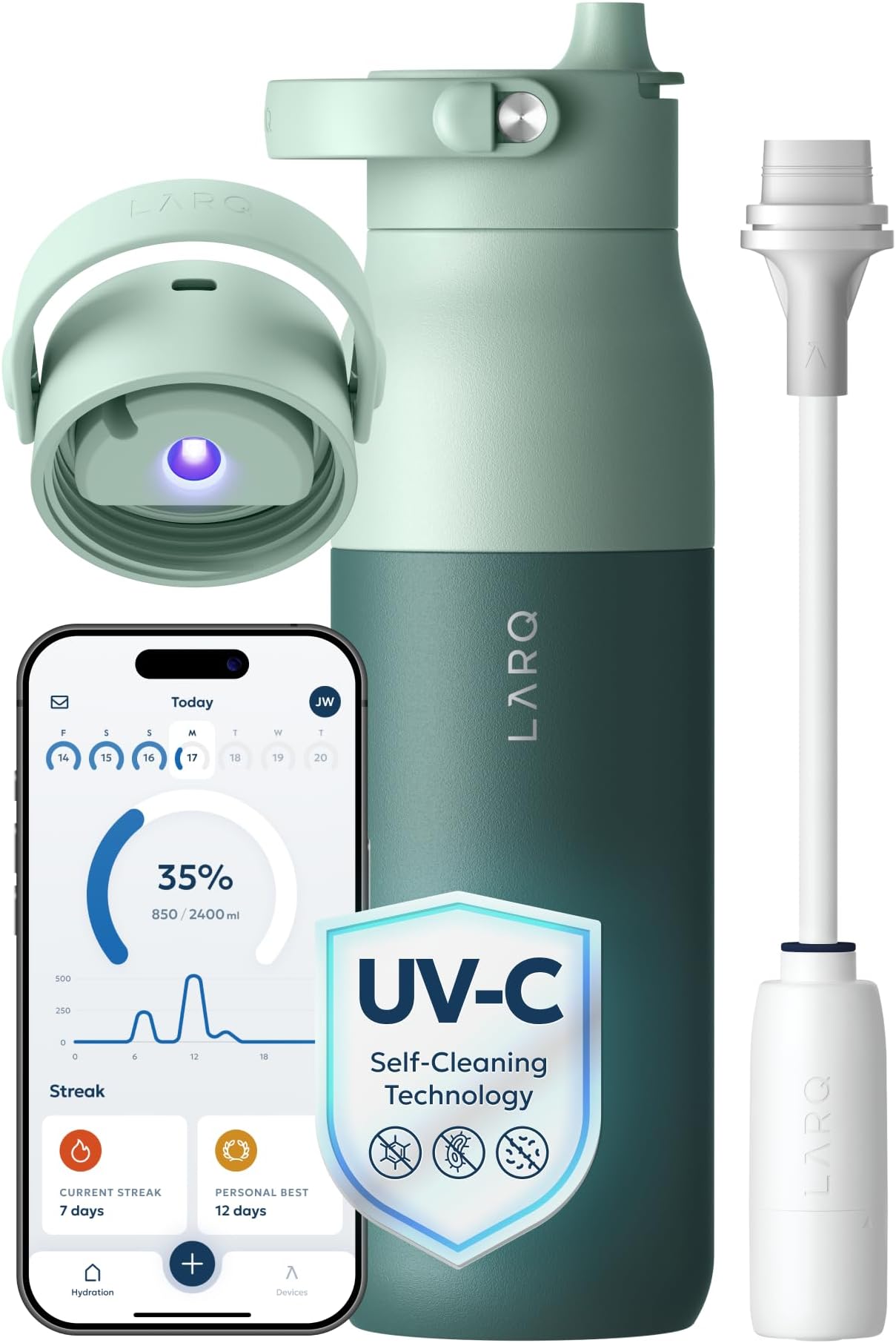 LARQ PureVis 2 Smart Filter Water Bottle - UV Self Cleaning, Smart App Hydration Tracking, Insulated Stainless Steel - Eucalyptus Green, 680 ml