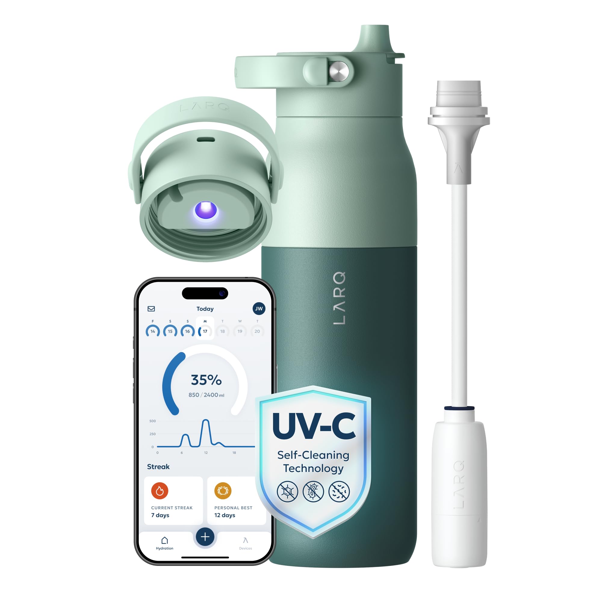 Bottle PureVis 2 23 oz - UV Water Purifier with Self-Cleaning, App Hydration Tracking, Filter Straw, Detachable Handle, Double-Wall Insulated, Eucalyptus Green