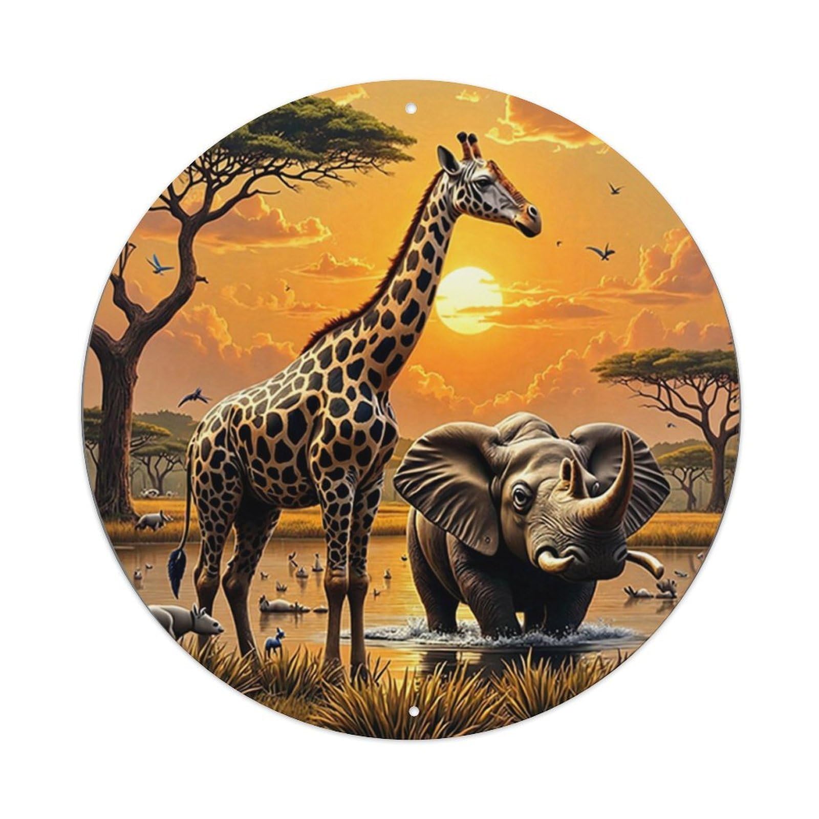 African Sunset Wildlife Scene Pattern Round Metal Tin Sign Vintage Wall Decor, Bar Garage Cafe Kitchen Home Wall Art Poster 8x8inches