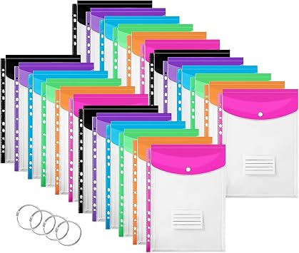 24PCS Plastic Wallets A4 Punched Pockets, Expandable Envelope Document Plastic Folders with Button and Label Pocket for School Home Office Vertical