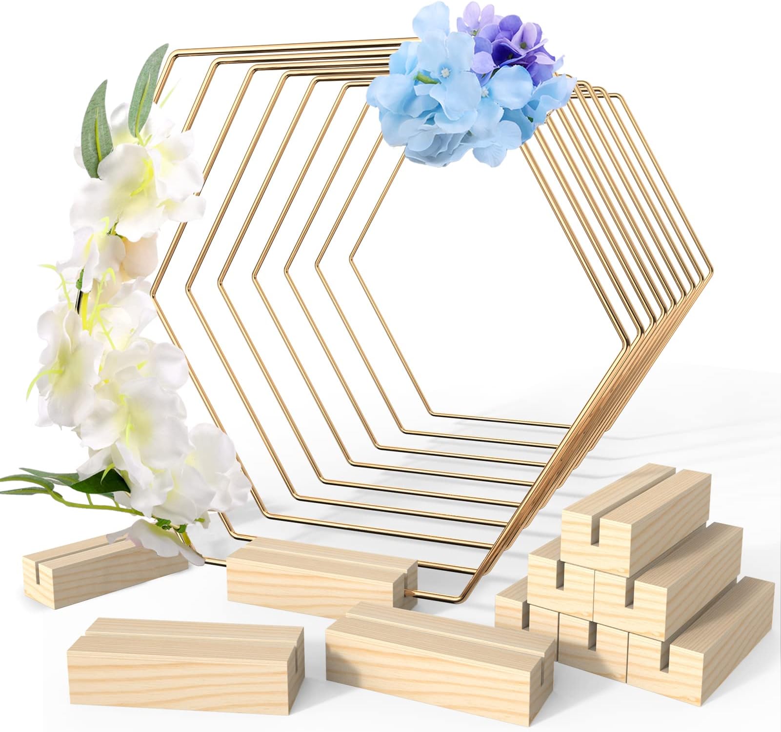 Sntieecr10PCS 8 Inch Hexagonal Metal Floral Hoop Centerpiece for Table, Metal Wreath Ring with 10PCS Place Card Holders, Gold Wreath Hoop Macrame for Wedding Table Crafts