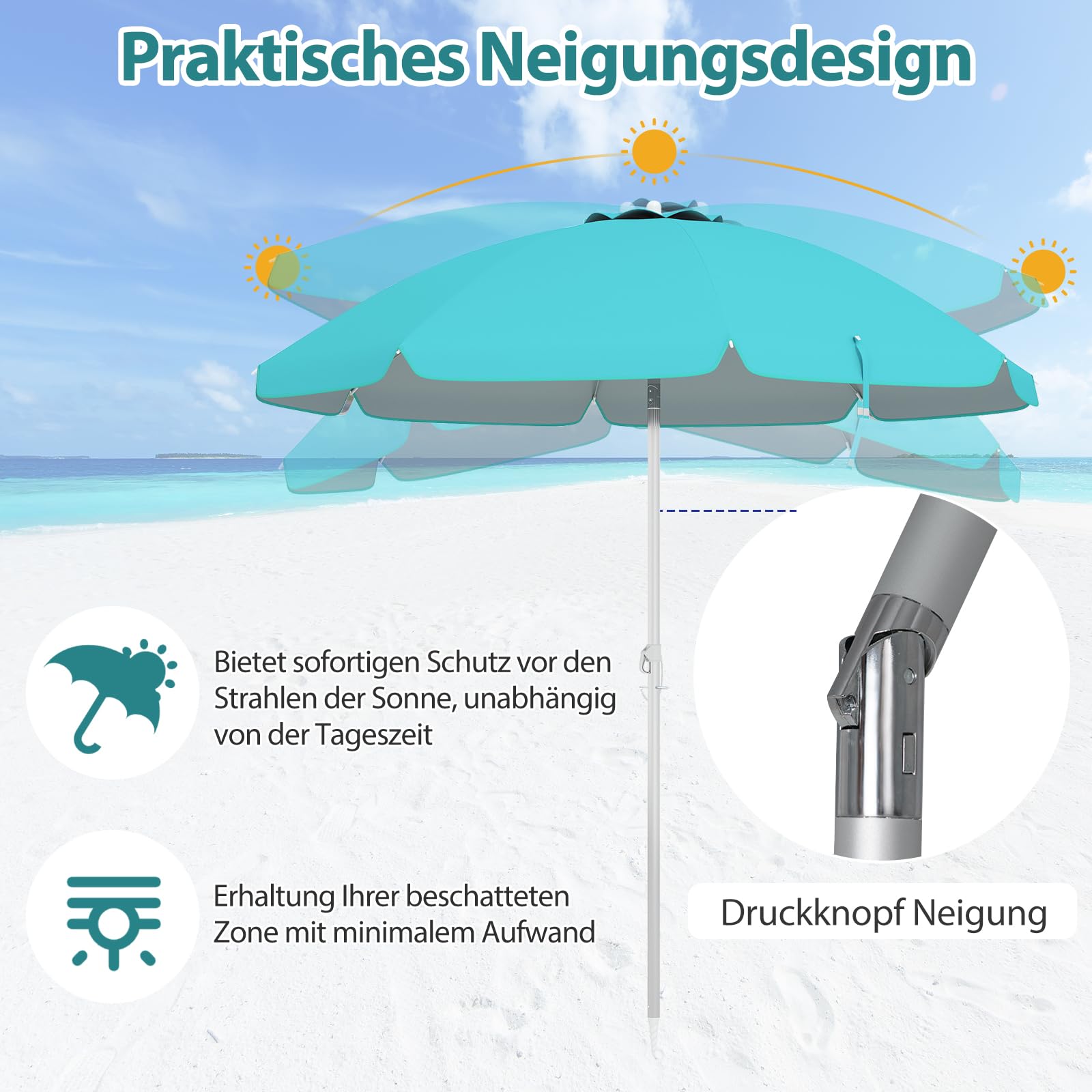 GOPLUS Parasol plażowy 180 cm / 200 cm / 220 cm, składany o 30°, parasol ogrodowy UV 50+, parasol stołowy z tuleją osadczą, parasol tarasowy, w zestawie pokrowiec ochronny, żeberka z włókna szklanego,