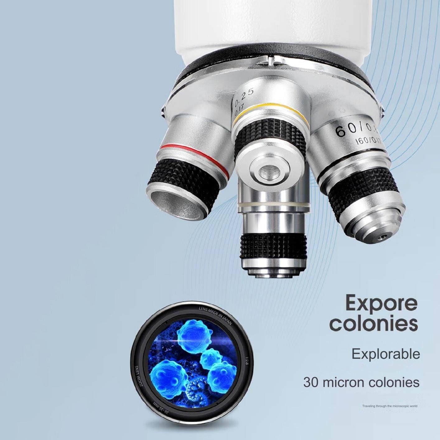 Microscopio professionale a luce composta 5000X con oculare elettronico, obiettivo 4X, 10X, 40X, 100X, microscopio trinoculare aggiornato con supporto per telefono cellulare, calibro, custodia