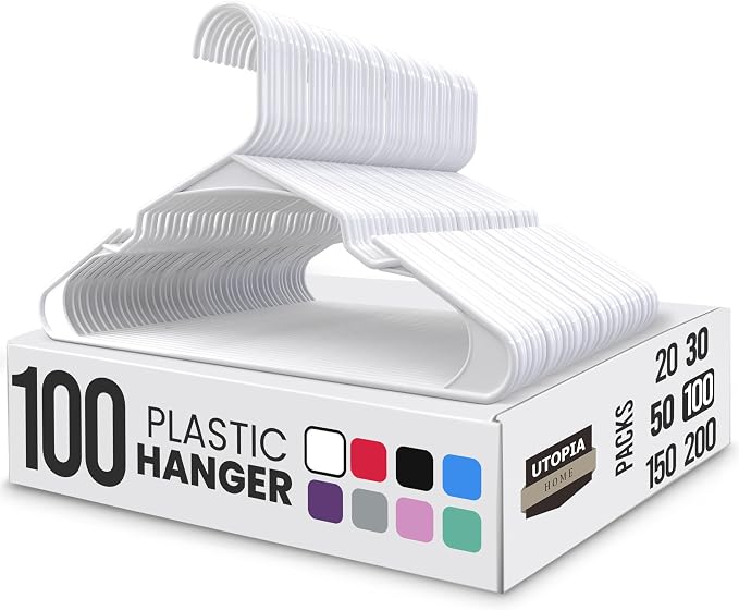 Utopia Home Plastic Hangers 100 Pack - Perfect Space Saving Clothes Hanger - Durable and Strong - Perfect Closet Organizers with Shoulder Grooves (White)