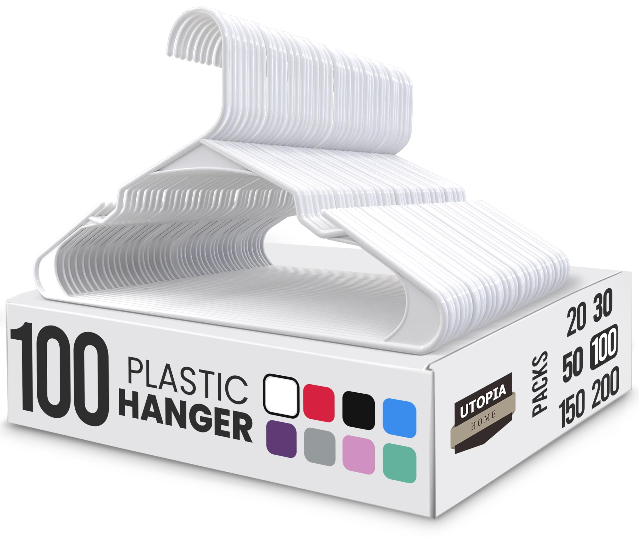Utopia Home Plastic Hangers 100 Pack - Perfect Space Saving Clothes Hanger - Durable and Strong - Perfect Closet Organizers with Shoulder Grooves (White)