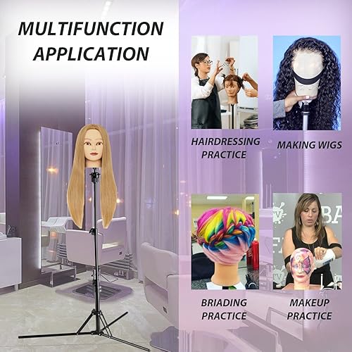 Miniatura 8 de PECGMZJ Cabeza de peluca de 23 pulgadas con soporte, trípode de cabeza de maniquí de 63 pulgadas con cabeza de lona, soporte de cabeza de peluca con