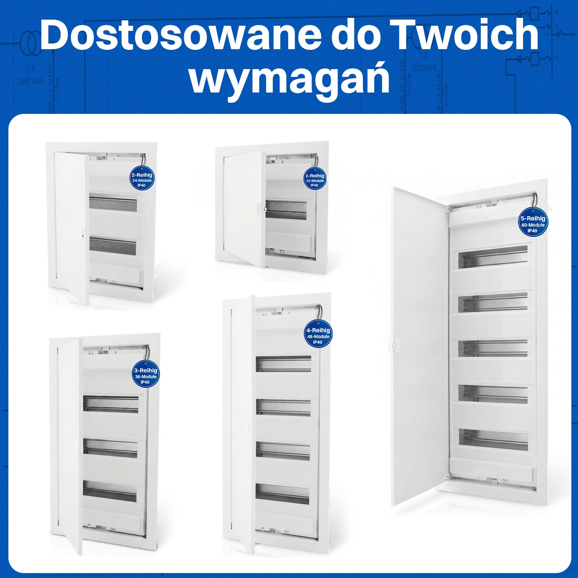 Intratec Rozdzielnica Podtynkowa 5-Rzędowa – Skrzynka Elektryczna IP40 na 60 Modułów z Białymi Drzwiami Metalowymi i Szyną DIN do Instalacji Wewnętrznych w Budynkach – 346 x 94 x 842mm