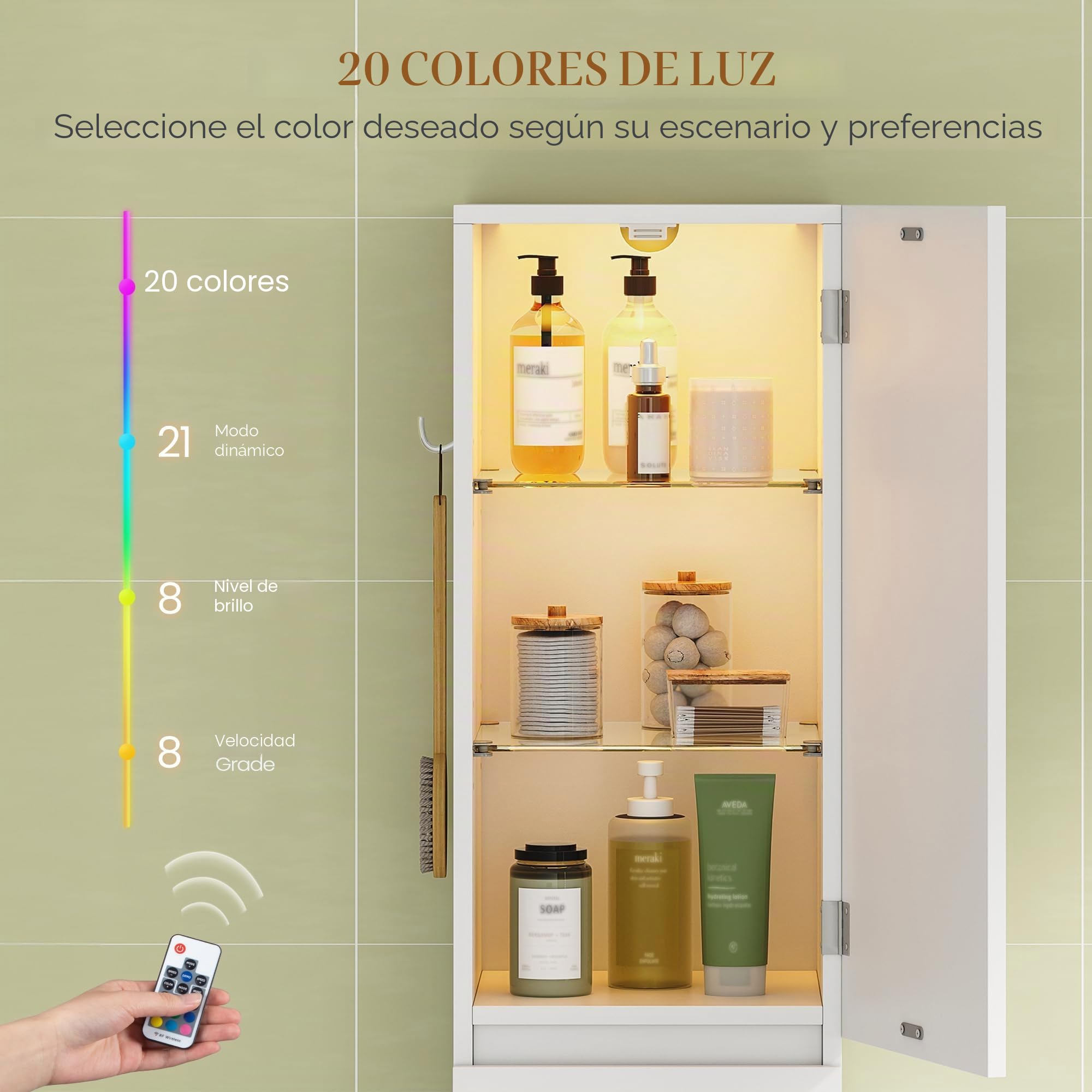 HEXCELEN Armario de Baño con Iluminación, Mueble de Almacenamiento, Mueble de Almacenamiento con Estantes de Cristal Ajustables, Tres Puertas Reversibles, Adecuado para Espacios Pequeños, Blanco