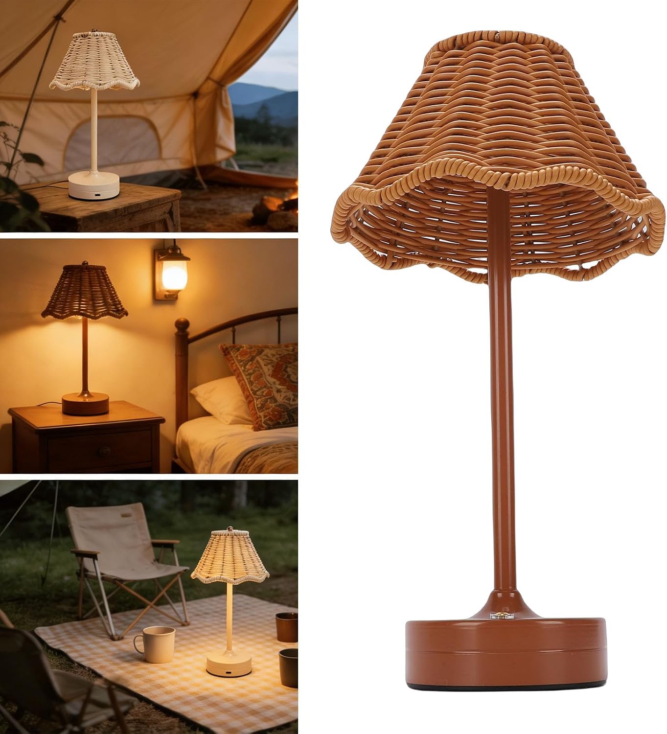 Luocute Rattan Table Lamp, LED Rechargeable Cordless Wicker Desk Lamp with 3 Color Temperature Touch Control Dimmable Brightness, for Bedroom Living Room Office Home Decor (Brown)