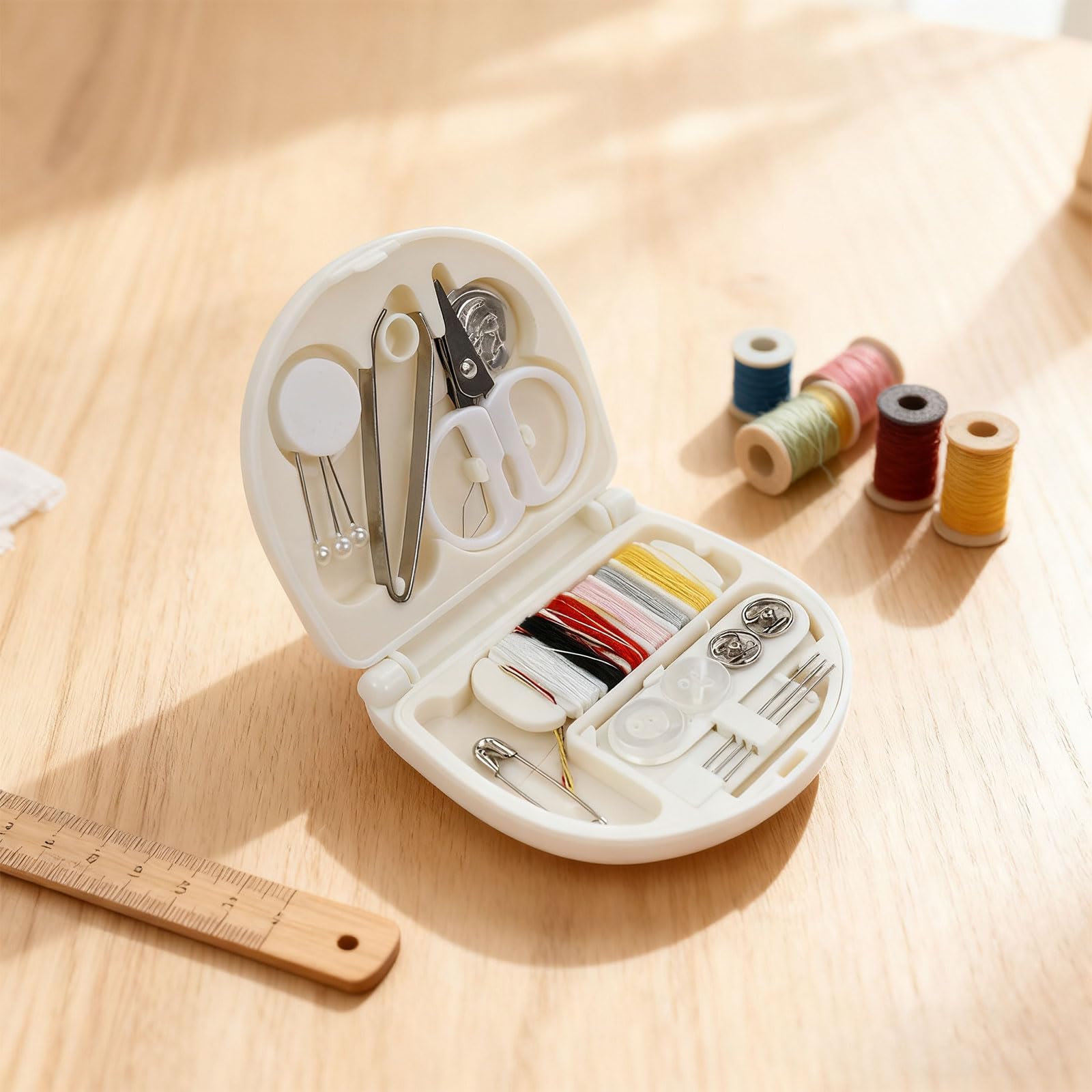 Mini Portable Sewing Kit, Basic Emergency Emergency Sewing Supplies with Needles, Threads, Buttons, Scissors - Travel Sewing Box for Women, Beginners(White)