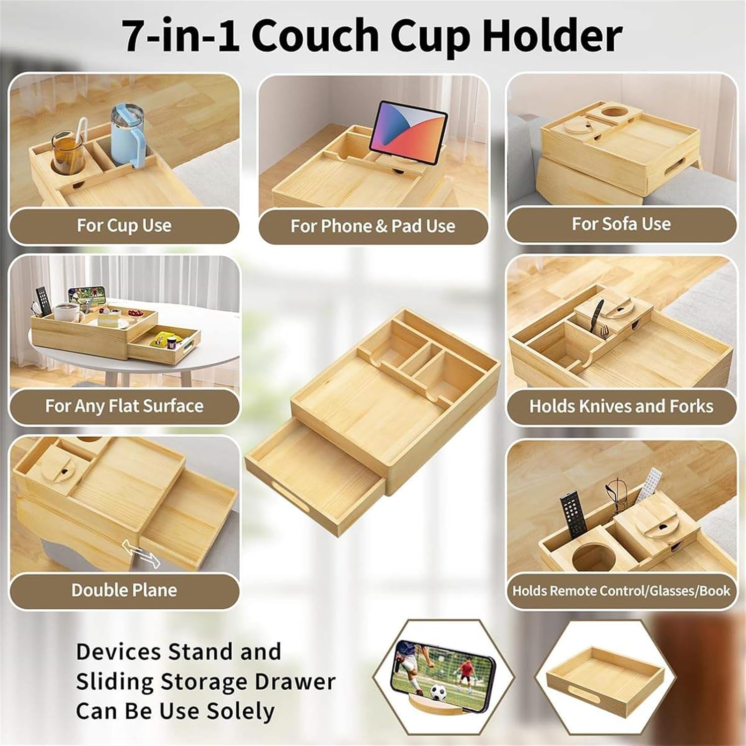 7-in-1 Wooden Couch Cup Holder & Arm Tray, Clip-On Sofa Side Table with 360° Swivel Phone Holder, Perfect for Living Room & Bedroom Organization