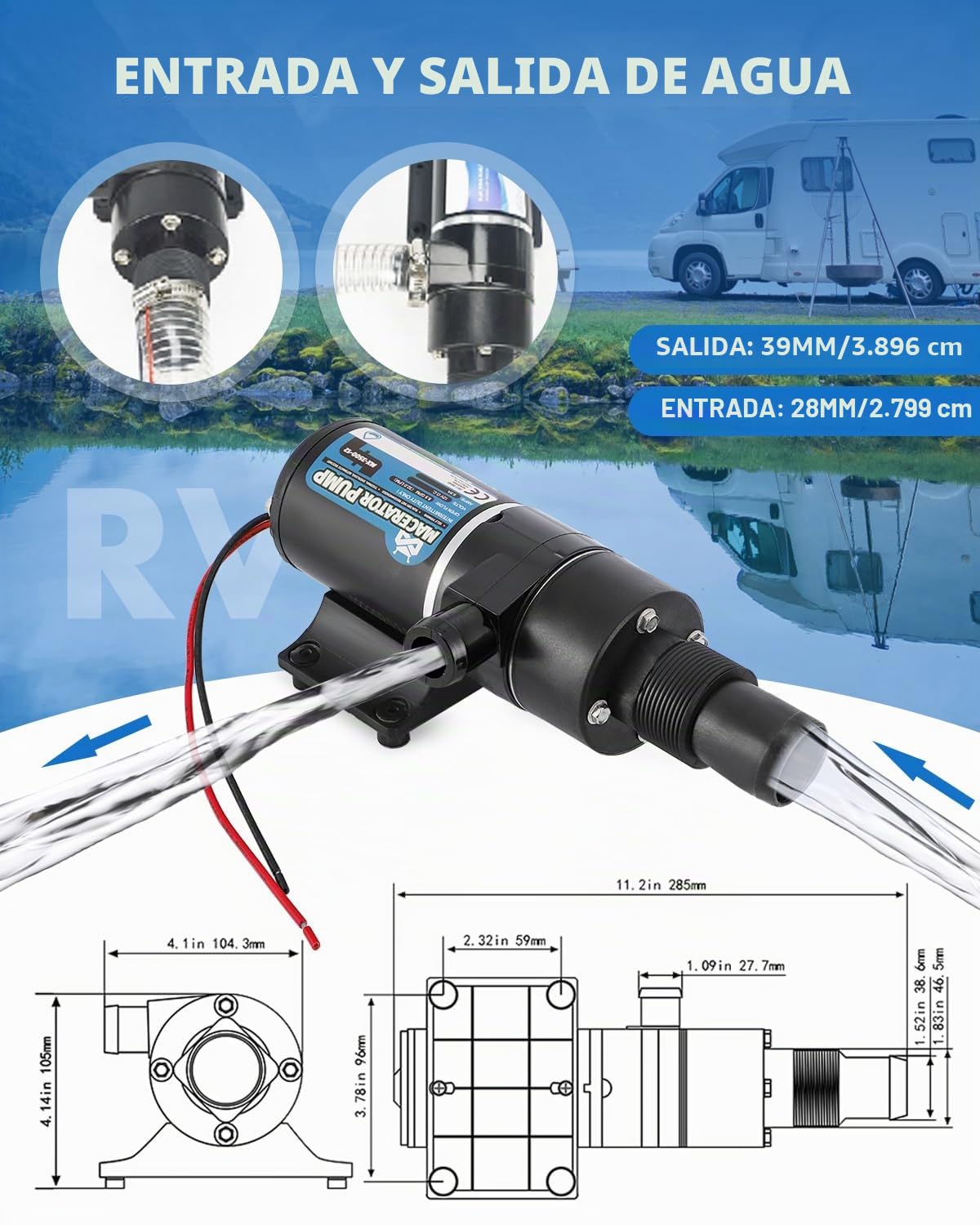 Mxmoonant 12V DC Bomba Trituradora, Bomba de Aguas Residuales, 32 Lpm/min, 114W, con pala de Cuatro Cabezas, Protección Contra Sobrecarga, para RV, Barco, Inodoro, Cocina, Acuicultura