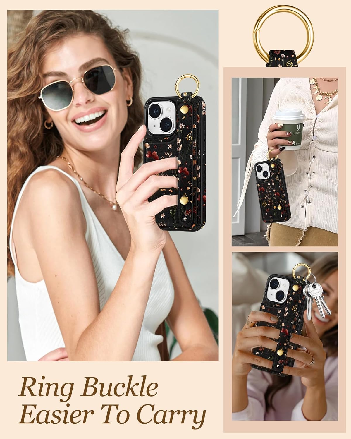 Petitian for iPhone 15 Plus Case with Wallet - Women Girls Cute Girly Aesthetic Unique Design with Leather Credit Card Holder Cardholder Stand Wristband for Apple 15 Plus, Grow Flower - Image 6