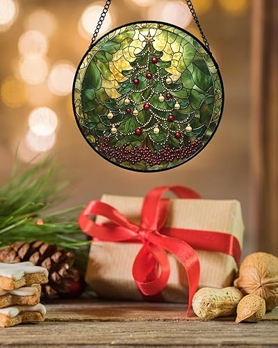 Miniatura 5 de Adorno de Vidrio Teñido para Colgar en Ventanas - Atrapasoles Retro Verde para Árbol de Navidad para Puertas, Decoración Navideña para el Hogar,