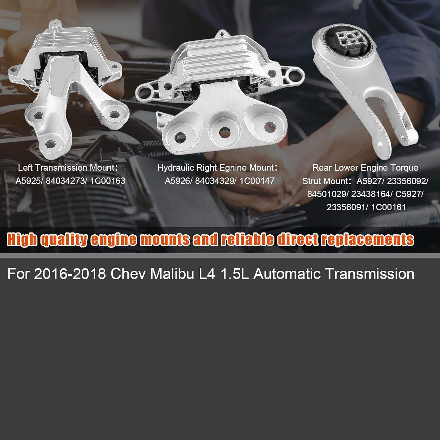 3Pcs Engine Motor Mount & Transmission Mount, For 2016-2018 Chevy Malibu L4 1.5L Automatic Transmission, Replace# A5925 A5926 A5927