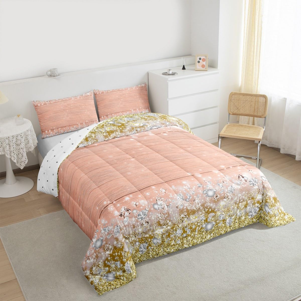 Feelyou Glitter Print (No Glitter) Diamond Comforter Set for Girls Pink Gold Silver Comforter Bling Shiny Bedding Set Dreamy Duvet Set Quilt 3Pcs Queen Size Boys