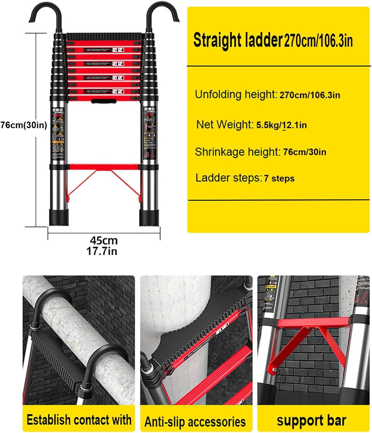 Telescoping Ladder Red Aluminum Lightweight Extension Ladder with 2 Triangle Stabilizers,Multi-Purpose Ladder with Non-Slip Feet,Portable Attic Ladder,RV Ladder