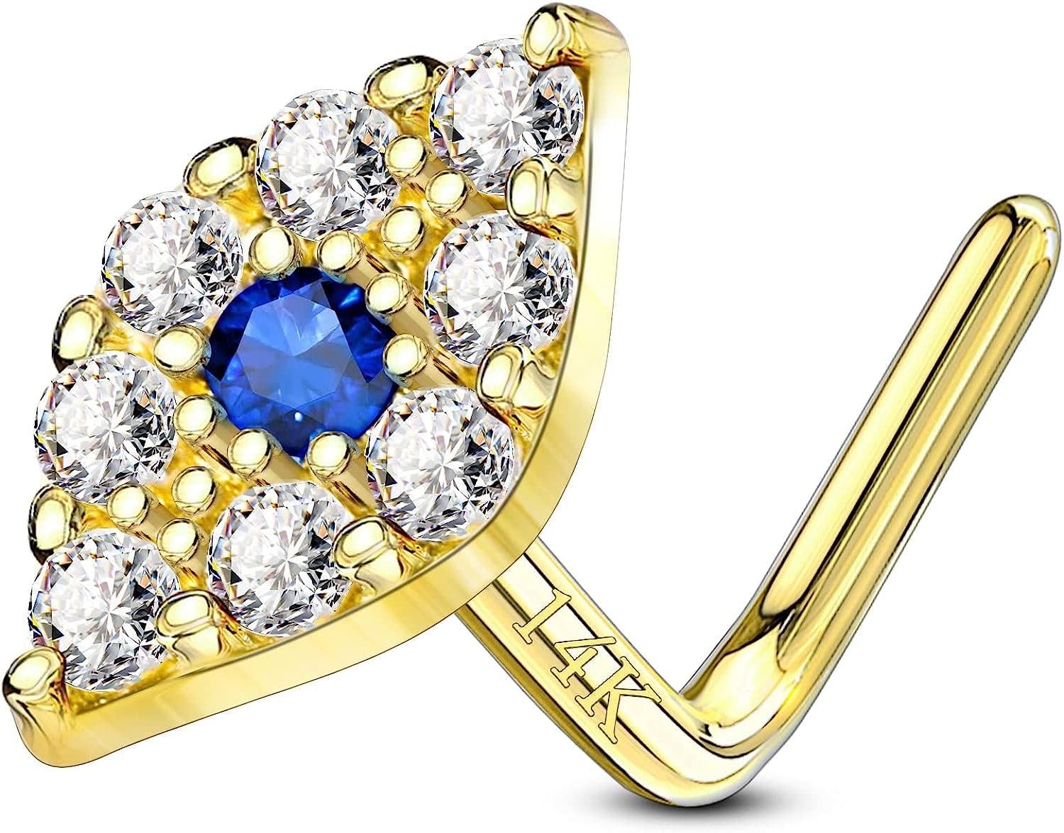 CM Crareesi Mania Piercing de nariz de oro de 14 quilates, calibre 20, ojo EviL de 14 quilates, oro macizo de 14 quilates, aretes de nariz en forma de L, juego de puntas para piercing de nariz,