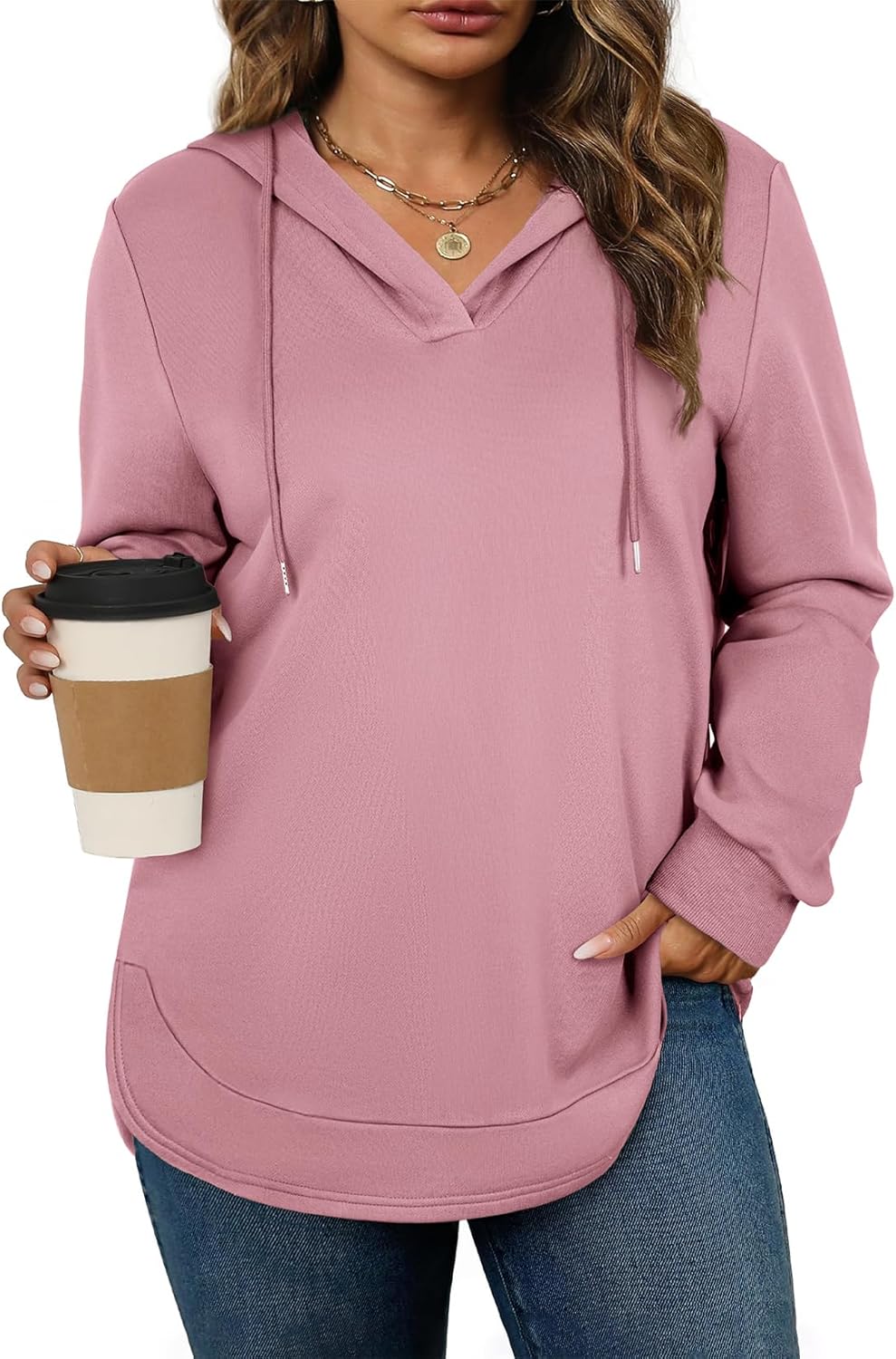 AlvaQ Womens Plus Size Sweatshirts Casual Long Sleeve V Neck Drawstring Hoodies Tops
