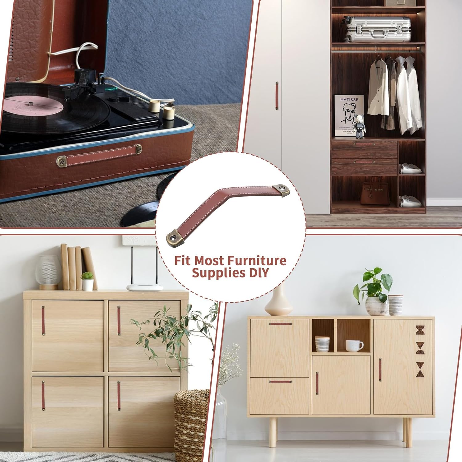 4 Pcs Leather Drawer Pulls, Handles for Drawers, Leather Strap Trunk Handle Brown Cabinet Handles with Mounting Screws for Drawer, Furniture, Luggage, Cabinet Knobs