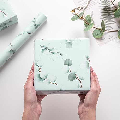 Miniatura 6 de RUSPEPA Rollo de papel de regalo con hojas de eucalipto para mujeres y niñas, diseño de hojas verdes claro, papel de regalo de follaje perfecto para