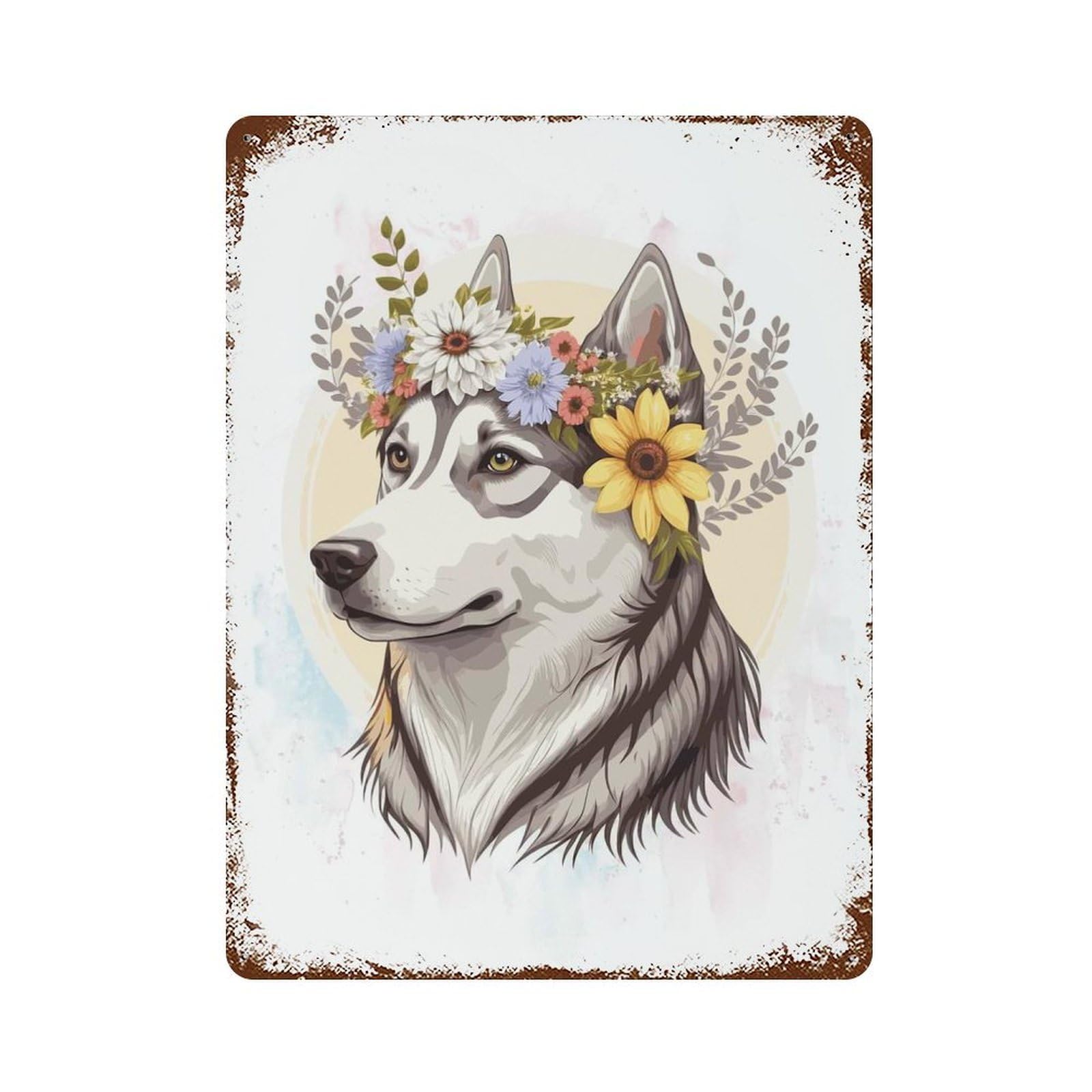 Decorative Tin Sign Siberian Husky Flower Dog 15.7"x11.8", Vintage Wall Decor for Pub, Kitchen And Man Cave Decor