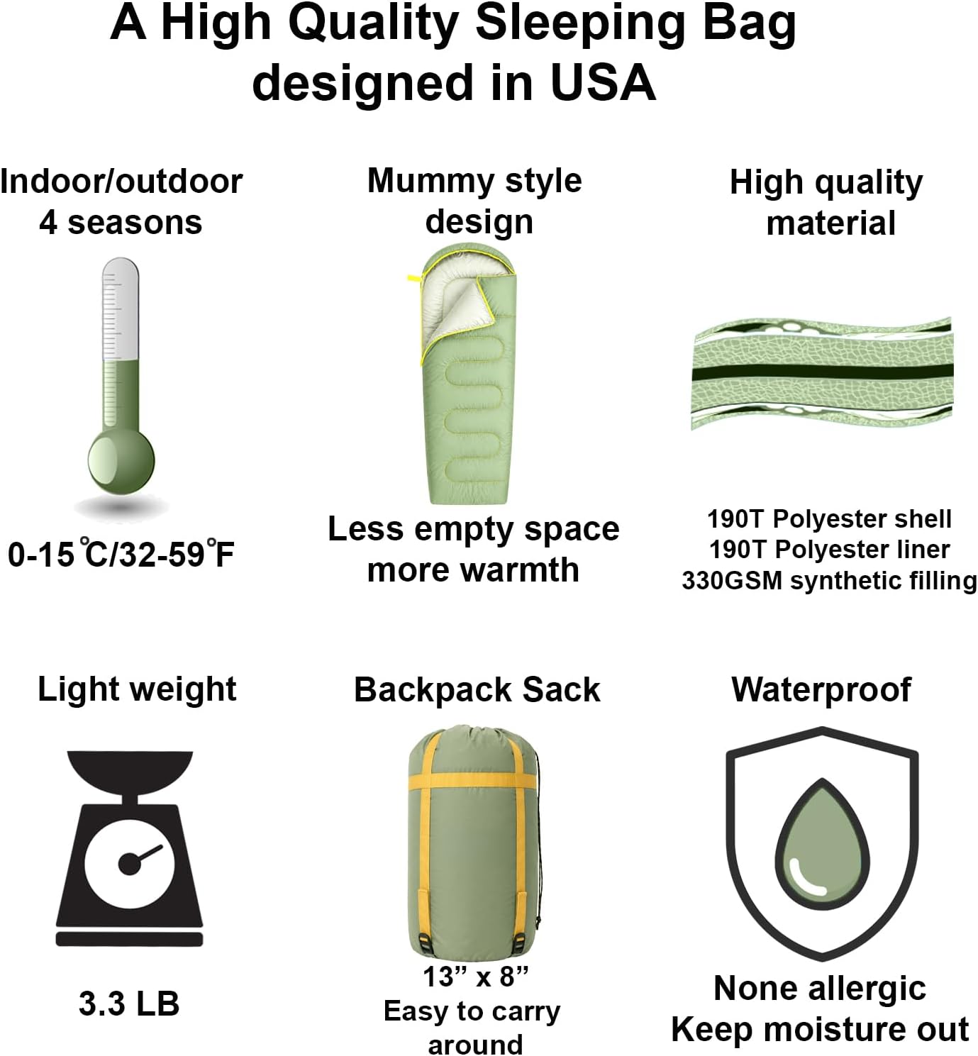 SunTrail Collective Sleeping Bag – Lightweight 32-59° Sleeping Bag for Teens & Young Adults, Mummy Style, Warm & Compact Camping Sleep Sack for Outdoor, Travel & Festivals, Portable w/Carry Bag