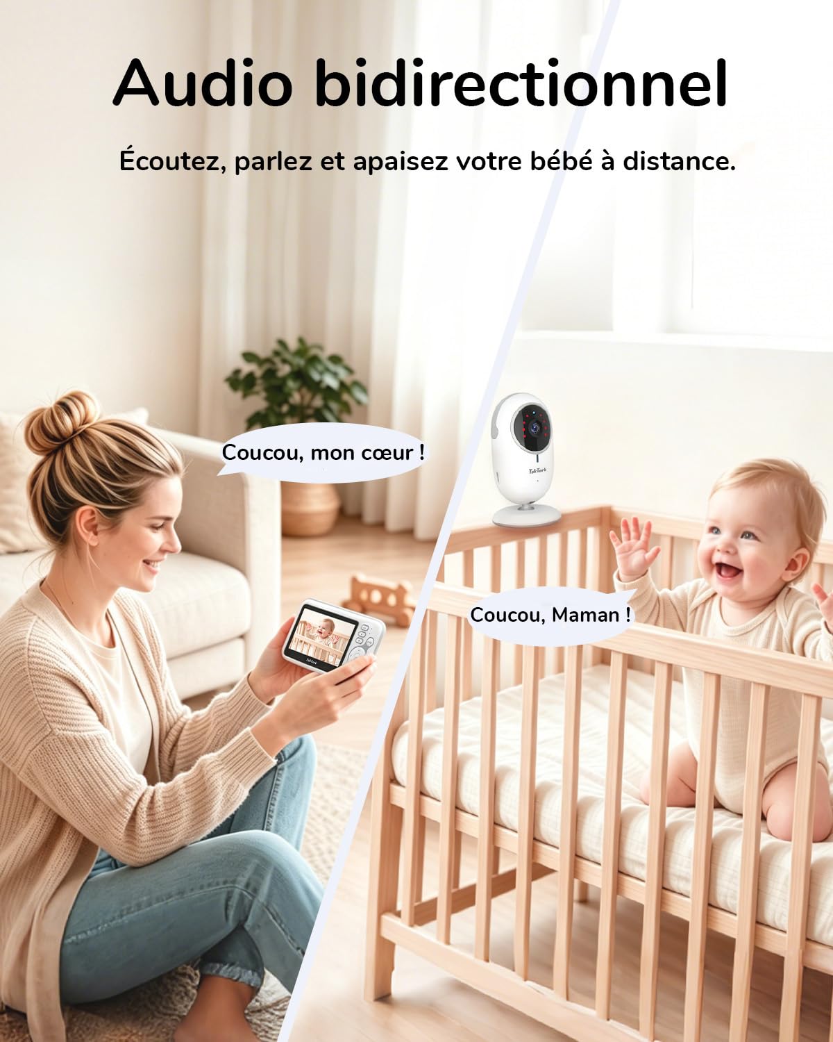 TakTark Babyphone Camera, Babyphones 4.3'' IPS Babyphone Vidéo, Camera Bebe Surveillance, Visiophone Bébé, VOX, Vision Nocturne, Communication Bidirectionnelle, Capteur de Température