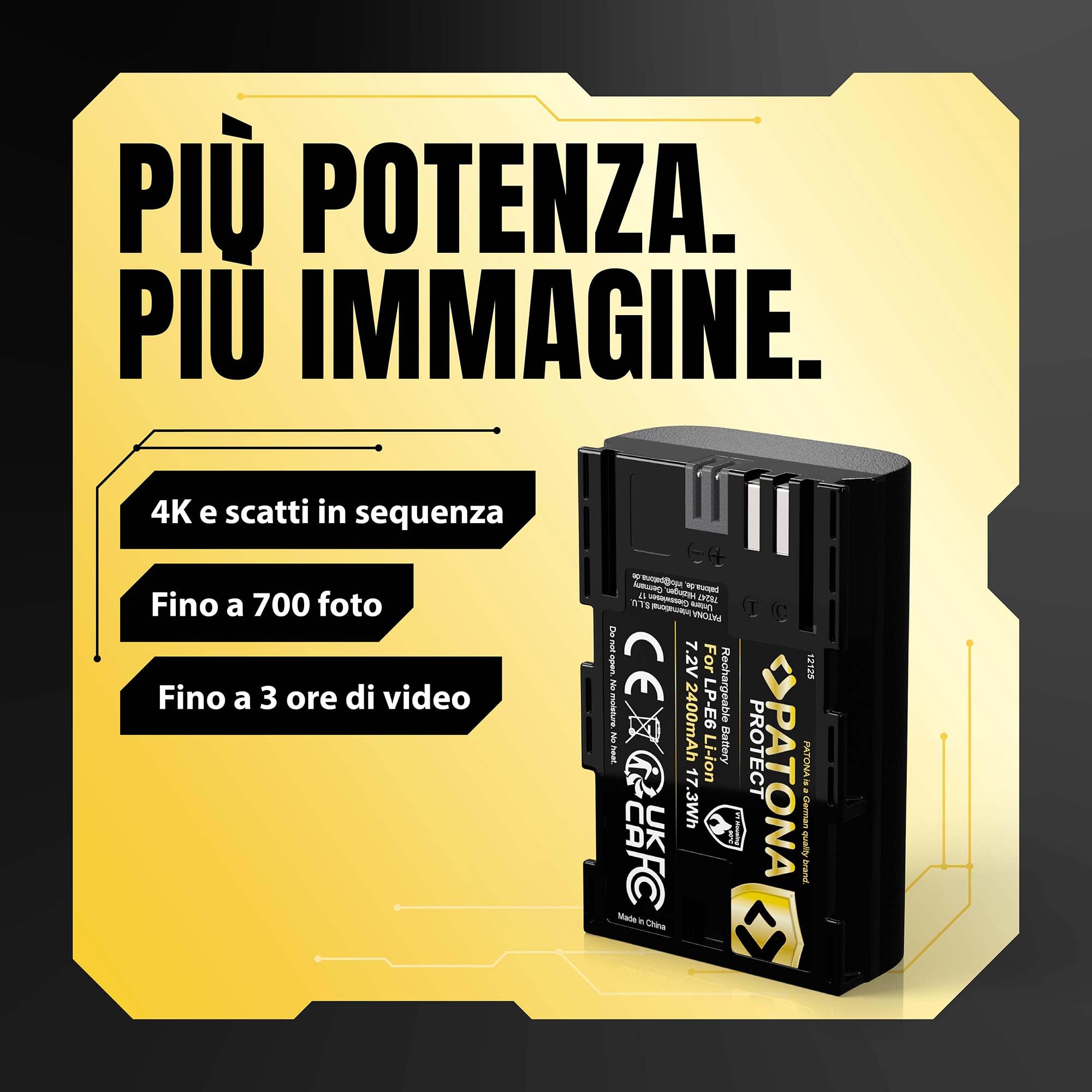 PATONA Protect LP-E6 Batteria 2400mAh – Ricambio per Canon LP-E6 – per EOS 5D Mark II III, 5DS, 6D 7D, 60D 60Da 70D 80D 90D, R R5, XC10 XC15 – con protezione NTC e involucro V1 per uso intensivo