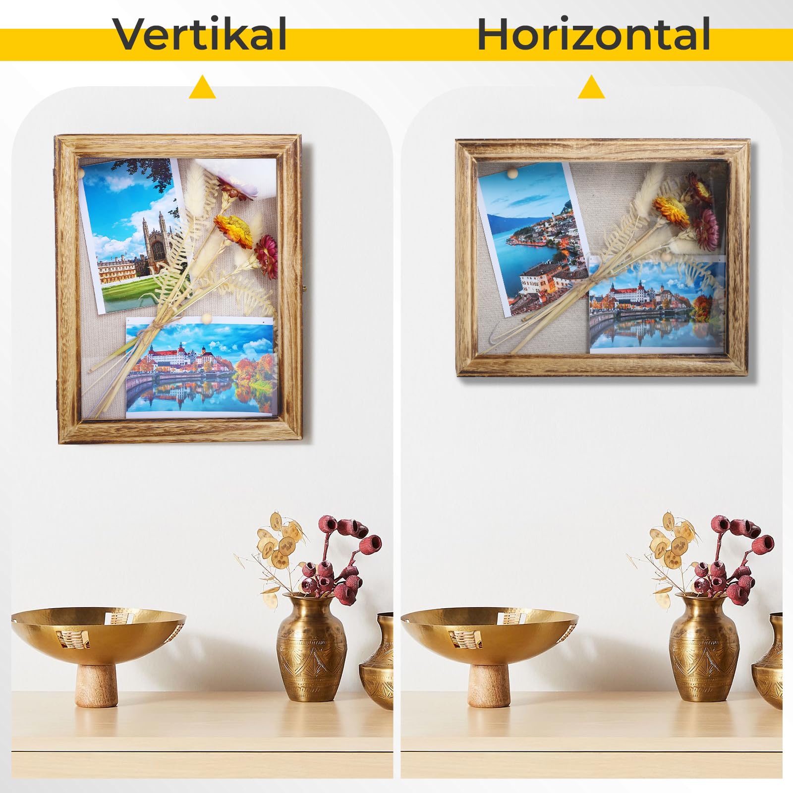 3D Bilderrahmen Zum Befüllen 25x20 cm, Objektrahmen Holz zum Aufhängen oder Stehend, Bilderrahmen Tief Zum Befüllen für Fotos, Medaillen, Blumen, Hochzeitsstrauß, Erinnerungsstücke