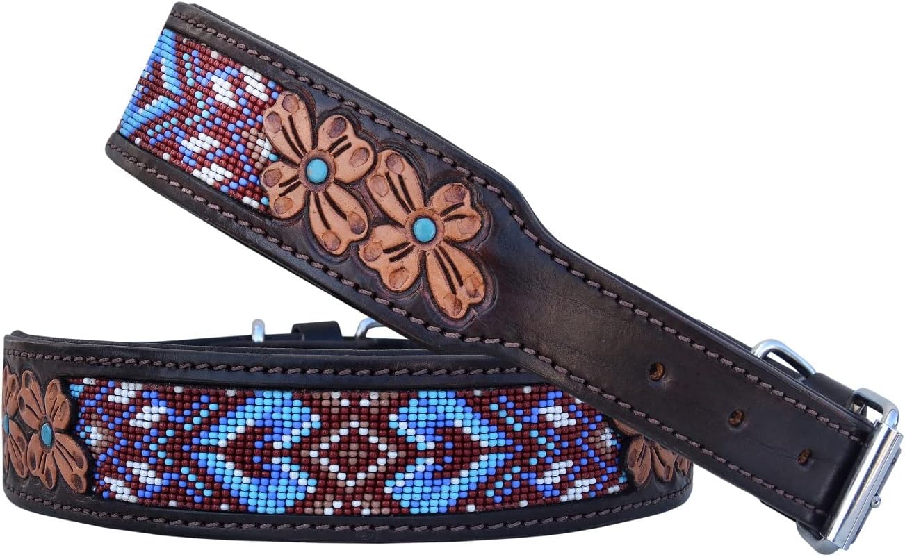 Leather Dog Collar Small Size Western Style Heavy Duty Hand Tooled Adjustable Beaded and Padded Soft for Puppies and Big Dogs 10AB032 -S