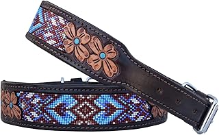 Leather Dog Collar Small Size Western Style Heavy Duty Hand Tooled Adjustable Beaded and Padded Soft for Puppies and Big Dogs 10AB032 -S