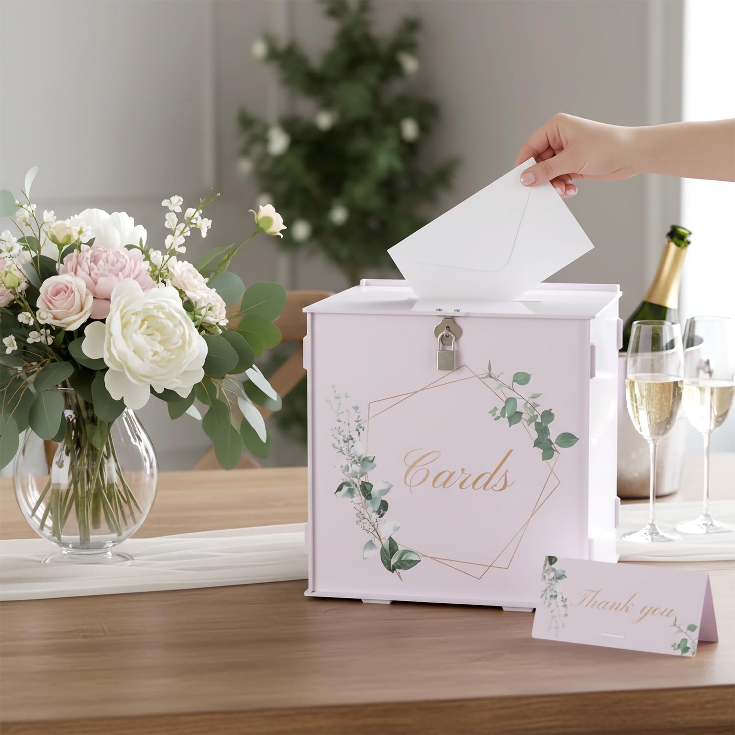 QWORK® 26 CM Scatola per inviti eleganti per matrimoni con lucchetto e biglietto di ringraziamento – Scatola regalo in PVC bianco per ricevimento di nozze e decorazioni per feste