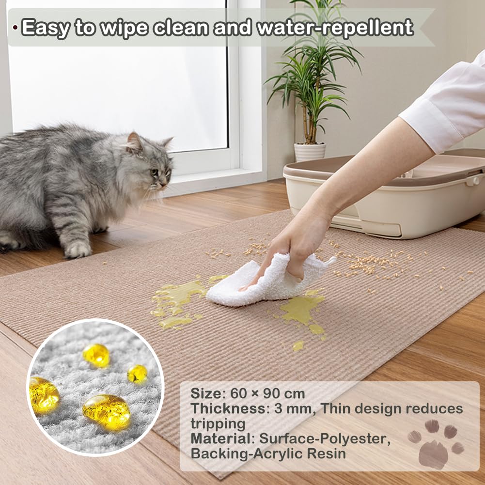 Katzentoilettenmatte mit Vakuum-Griffrückseite, waschbar, Anti-Tracking, Katzentoilettenmatte, Streukontrolle, rutschfeste Welpen-Trainingsmatte, leicht zu reinigen, Beige, 90 x 60 cm