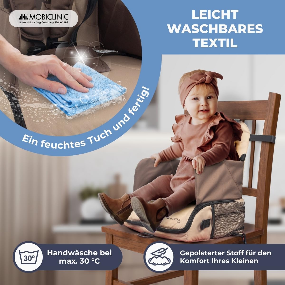Mobiclinic® kids, Tragbarer hochstuhl, Monkey, Reisehochstuhl, 6 bis 36 monate, 15kg, Faltbar, Verstellbarer 5-punkt-gurt, Mit aufbewahrung, Baby, Babysitz, Farbe beige