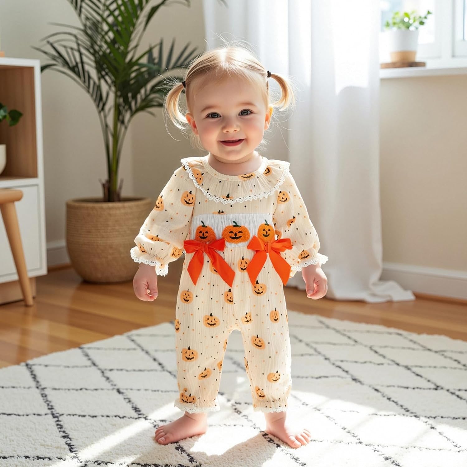 Baby Girl Halloween Outfit Pumpkin Embroidery Lace Ruffle Collar Long Sleeve Muslin Smocked Jumpsuit Fall Clothes - Image 2