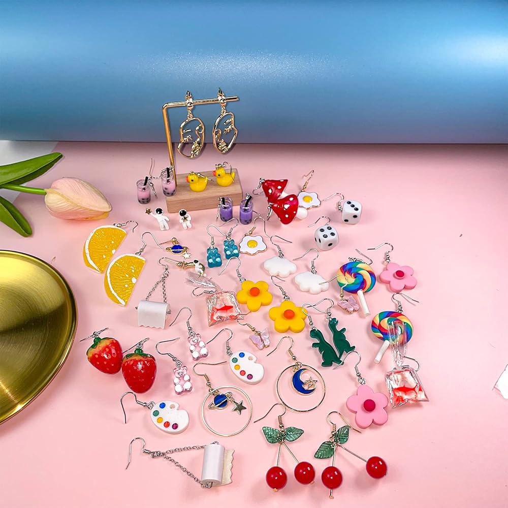 HJYZY 11 Pairs Cute Fruit Dangle Cherry Drop Strawberry Earrings Funny Earrings Gummy Bear Duck Mushroom Butterfly Dangle Wine Bottle Milk Tea Clouds Earrings Set For Women Girls Gift