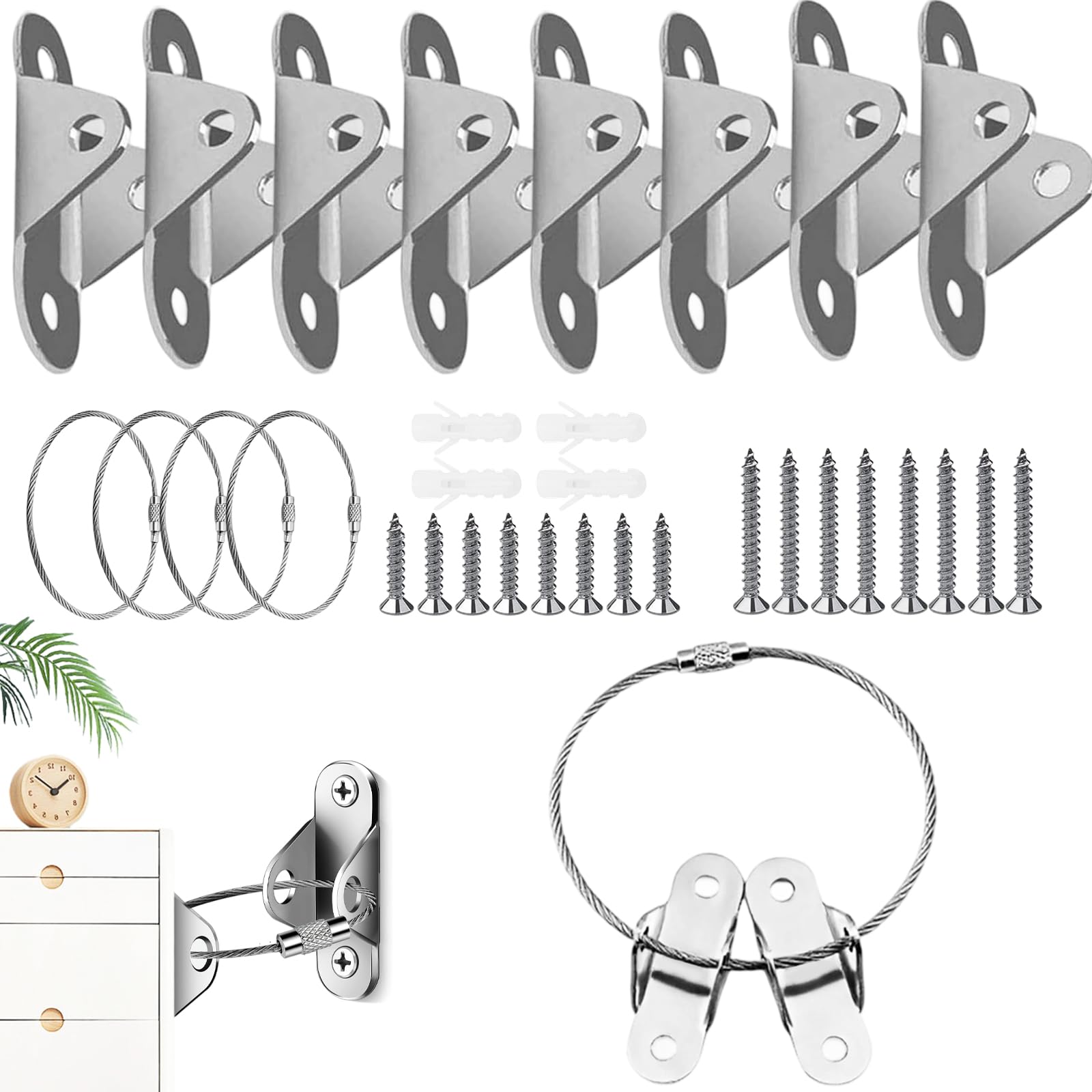 4 Pack Furniture Wall Anchor Kit, Heavy Duty Anti-Tip Furniture Straps & Anchors for Baby Proofing Secure Bookshelf, Dresser