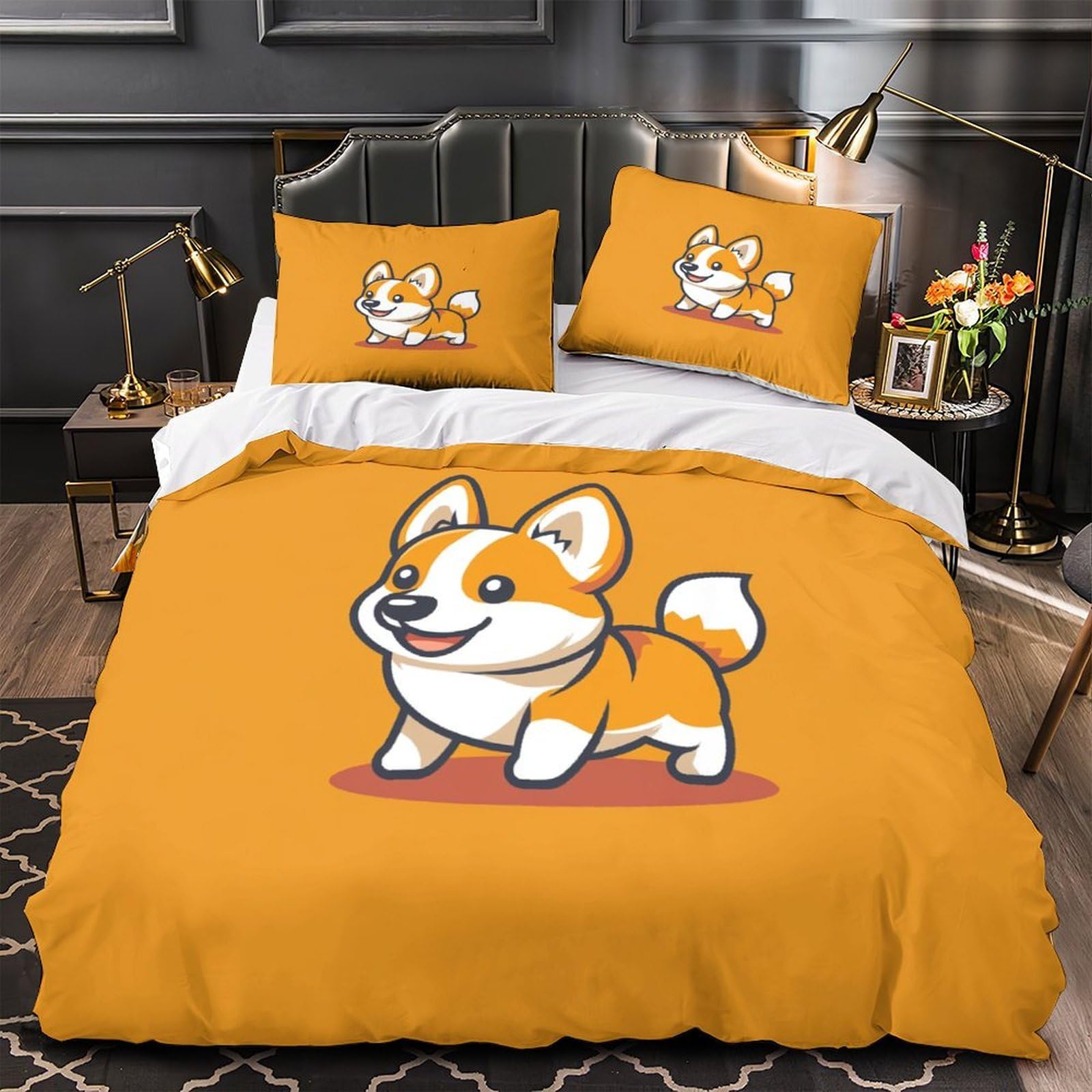 Housse de couette Corgi 3D parure de lit animal dessin animé microfibre 220x240cm